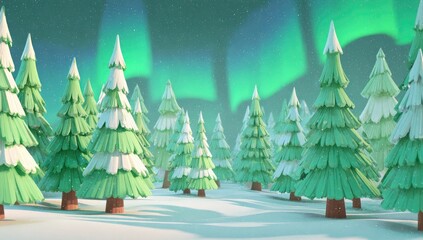 Winter forest with aurora borealis