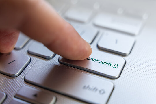 Finger On Sustainability Keyboard Button Key To Press Online For Eco Green Action, Macro Closeup Responsibility