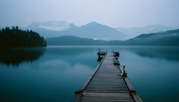 Misty lake with a wooden pier extending into the calm water. Foggy mountains, serene and melancholic landscape, tranquil nature.