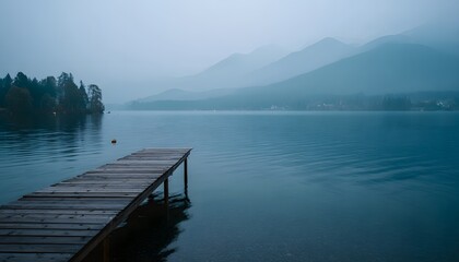 Fototapeta premium Misty lake with a wooden pier extending into the calm water. Foggy mountains, serene and melancholic landscape, tranquil nature.
