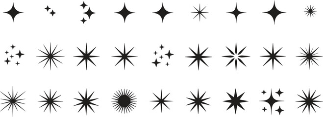 Sparkle star icon set, shining decorative symbols, glowing vector elements, magic light effect, minimal clean design, glitter star silhouette illustration