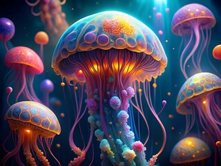 Vibrant Jellyfish Floating in a Deep Sea Fantasy Dreamscape