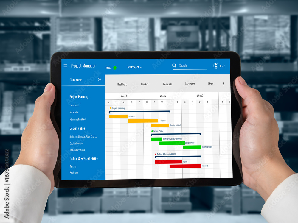 Aufkleber project planning software for modish business project management on the computer screen showing time