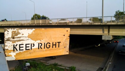 Weathered road sign directing traffic to keep right on elevated roadway
