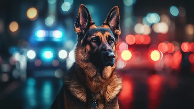 Police K9 German Shepherd in Vest with Flashing Lights in Rainy Urban Night Scene	
