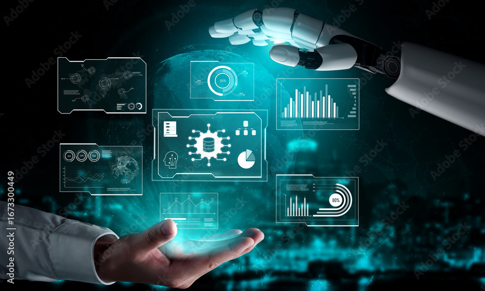 Poster ai reading big data visualization dashboard, analyzing insights, identifying patterns, and generatin