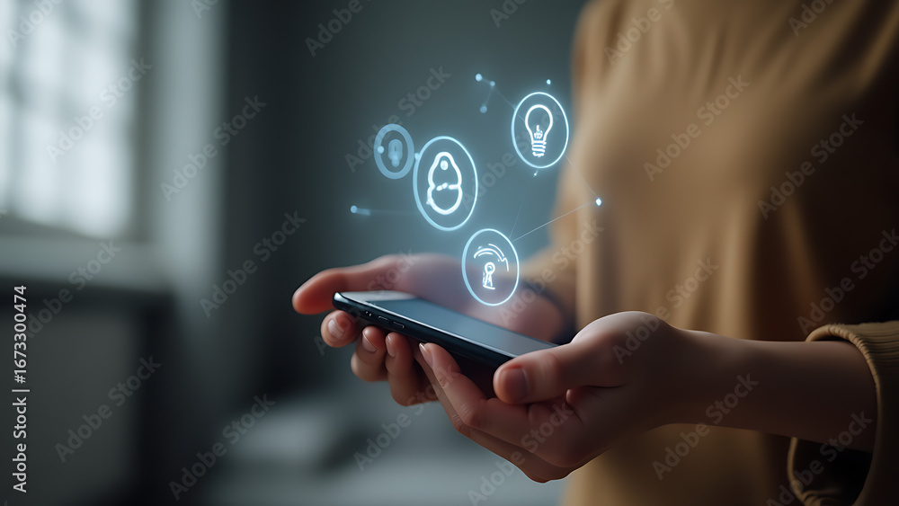Poster close up of a person holding a smartphone with glowing digital icons representing security informati