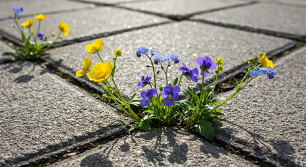 Vibrant wildflowers push through concrete cracks, a symbol of resilience and tenacious beauty found unexpectedly