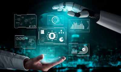 AI reading big data visualization dashboard, analyzing insights, identifying patterns, and...