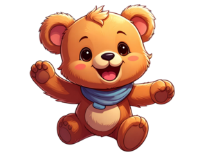  Chibi-Style Cartoon Teddy Bear Jumping, dynamic pose, isolated on transparent background