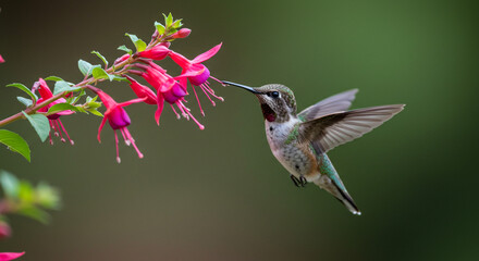 Naklejka premium Tiny hummingbird hovers gracefully sipping nectar from vibrant fuchsia flowers in soft focus garden