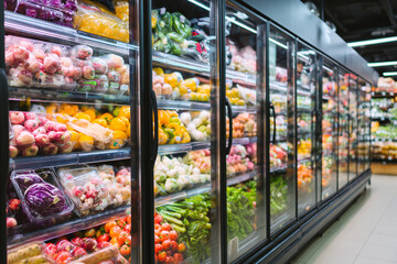 Obraz premium Fresh produce in a supermarket refrigerated display case lots of colorful fruits and vegetables