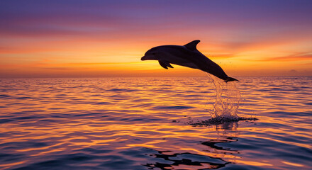 Majestic dolphin leaps from ocean waves during vibrant sunset, capturing pure freedom and beauty