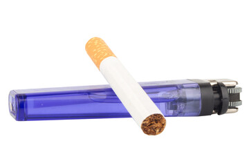 Cigarette and Lighter on White Background Smoking Concept