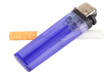 Cigarette and Lighter on White Background Smoking Concept