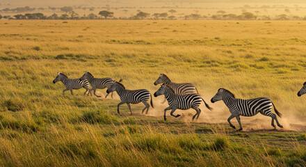 Fototapeta premium Majestic zebras thunder across golden savanna plains at sunset, raising dust in a breathtaking wildlife spectacle.