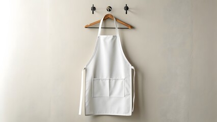 Minimalist Kitchen Scene with White Apron Hanging on Wooden Hook Rack