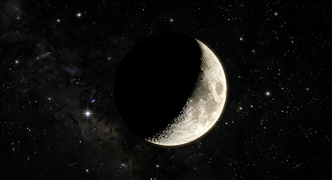 Waxing crescent moon in a starry night sky with visible craters and cosmic dust and gas clouds in background