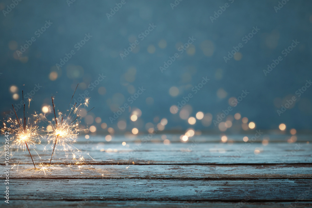 Poster glowing sparklers on rustic wood background with bokeh lights