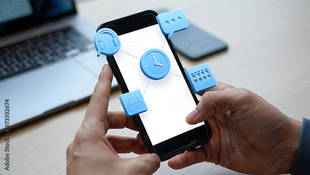 Poster close up of hands holding a smartphone with a digital currency symbol on screen surrounded by small 