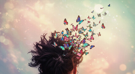 Vibrant butterflies take flight from a person's head, symbolizing freedom and imagination