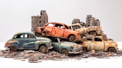 Abandoned vintage cars in a destroyed landscape.