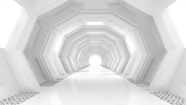 White, hexagonal tunnel, bright, futuristic
