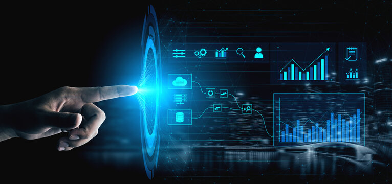 Data flow from database and cloud to processing and analytics dashboards, representing data analysis, automation, insight generation, and digital intelligence Vouch