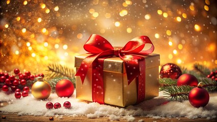Golden Christmas Gift Box with Red Ribbon and Festive Holiday Decorations