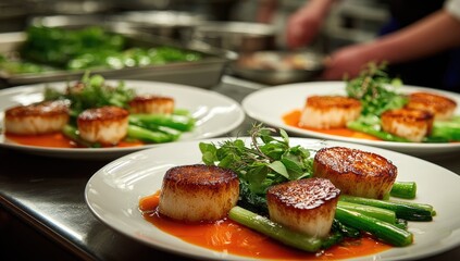 Roasted scallops on plates, garnished with greens and sauce
