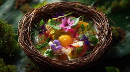 Enchanting Edible Nest - A Culinary Masterpiece Adorned with Vibrant Edible Flowers and a Golden Yolk.