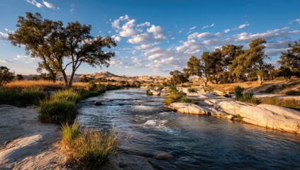 Obraz premium Sunny river flowing through a landscape of trees and rock