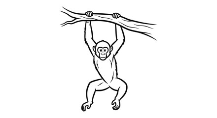 Fototapeta premium chimpanzee hanging on branch, black and white illustration, primate, monkey, jungle