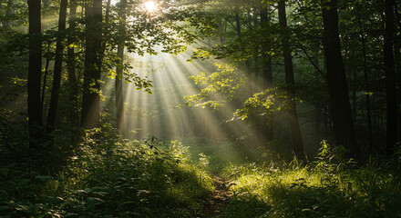 Sunbeams pierce lush forest canopy illuminating a tranquil woodland path with vibrant green foliage