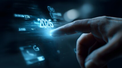 Hand interacting with a glowing digital '2026' in a futuristic interface, representing technology, future vision, business goals, and innovation.