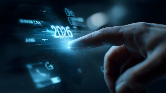 Hand interacting with a glowing digital '2026' in a futuristic interface, representing technology, future vision, business goals, and innovation.