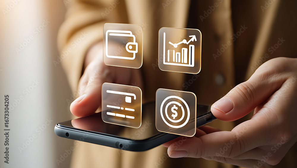 Poster hands holding a smartphone displaying holographic icons representing finance data analysis and digit