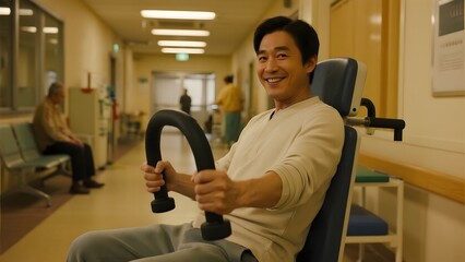 Man engaging in physical therapy exercise using hand grips in a hospital setting