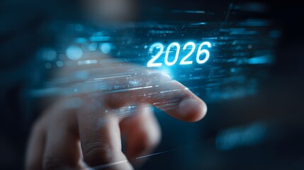 Hand interacting with a glowing digital '2026' in a futuristic interface, representing technology, future vision, business goals, and innovation.