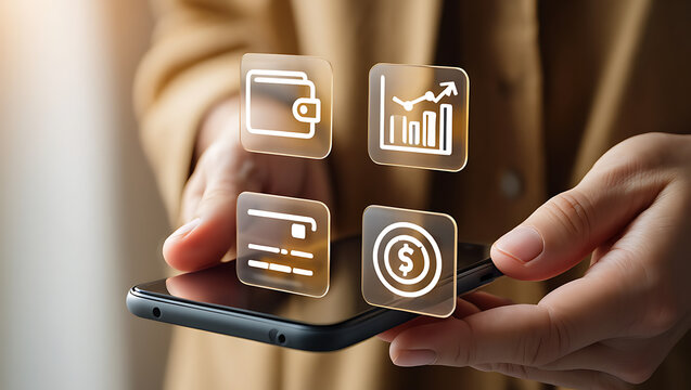 Hands holding a smartphone displaying holographic icons representing finance data analysis and digital transactions symbolizing modern financial technology and online banking services
