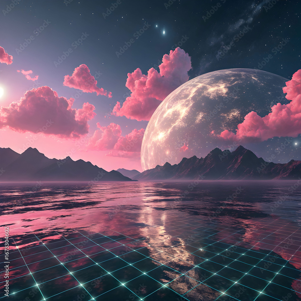 Aufkleber a retro-futuristic planet casting a reflection on a shiny surface
