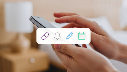 Close up of a person s hands holding a smartphone with a white overlay displaying icons for a pill a bell a pencil and a bar graph suggesting health tracking or medication management