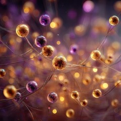 Golden & purple spheres connected by threads in a glowing field