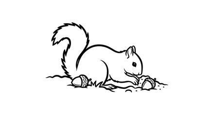 Obraz premium cute squirrel illustration black and white line art of a squirrel burying acorns