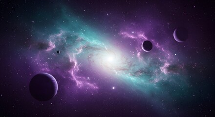Majestic cosmic galaxy with glowing nebula and planets, vibrant purple and teal colors, dreamy space background perfect for science, fantasy, and futuristic design.