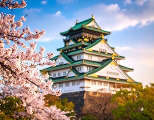 Cherry blossoms and Osaka Castle in spring