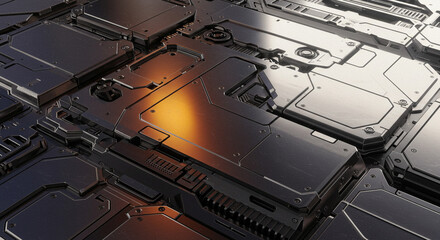 Futuristic metallic surface with intricate paneling and warm light accents, perfect for sci-fi themes.