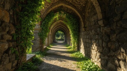 Naklejka premium ivy covered stone monastery cloister pathway
