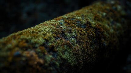 moss covered fallen log on dark background