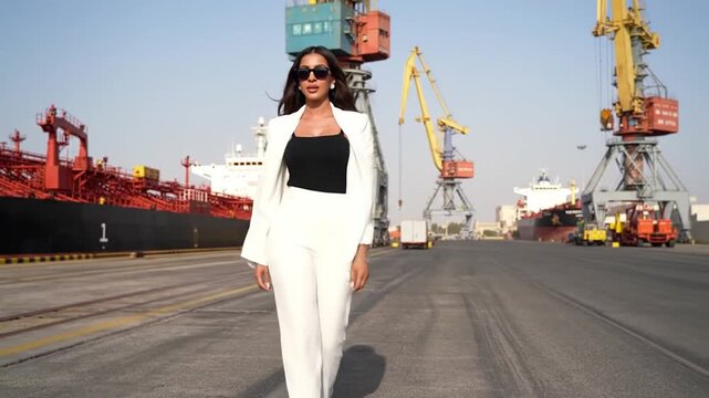 Confident wealthy businesswoman entrepreneur standing with laptop, symbolizing success in global export and import trade, leadership, and international business growth.